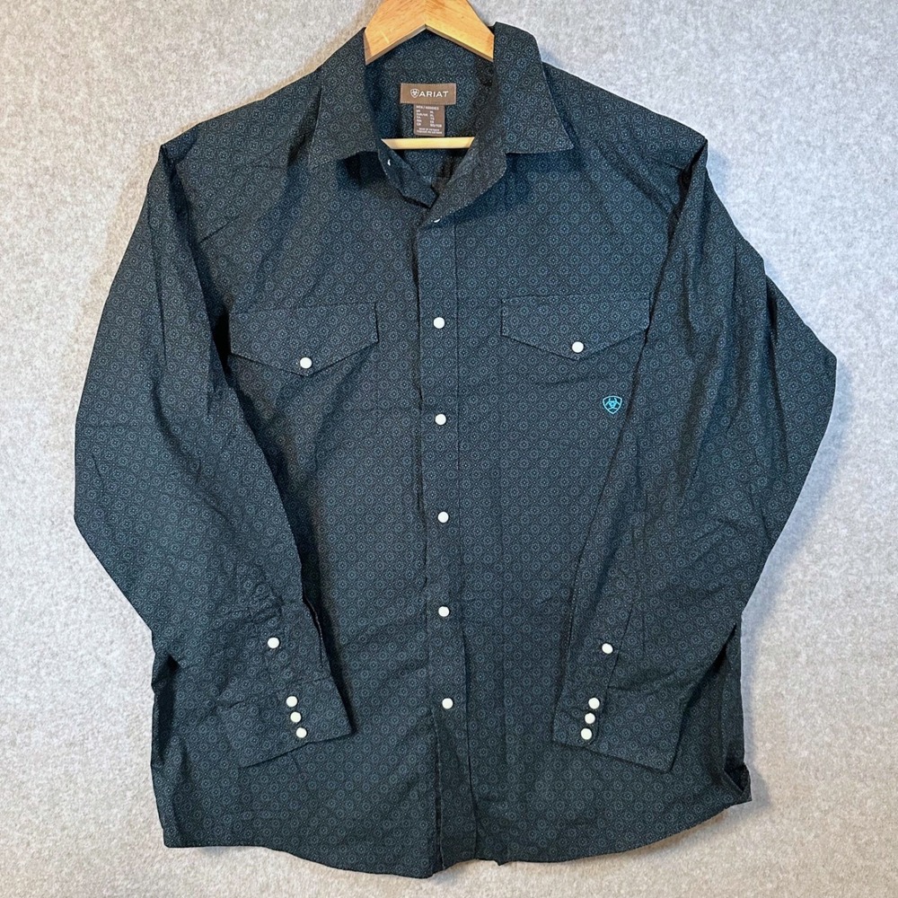 Ariat Western Shirt Mens XL Teal Black Geometric Pearl Snap Long Sleeve Cotton
